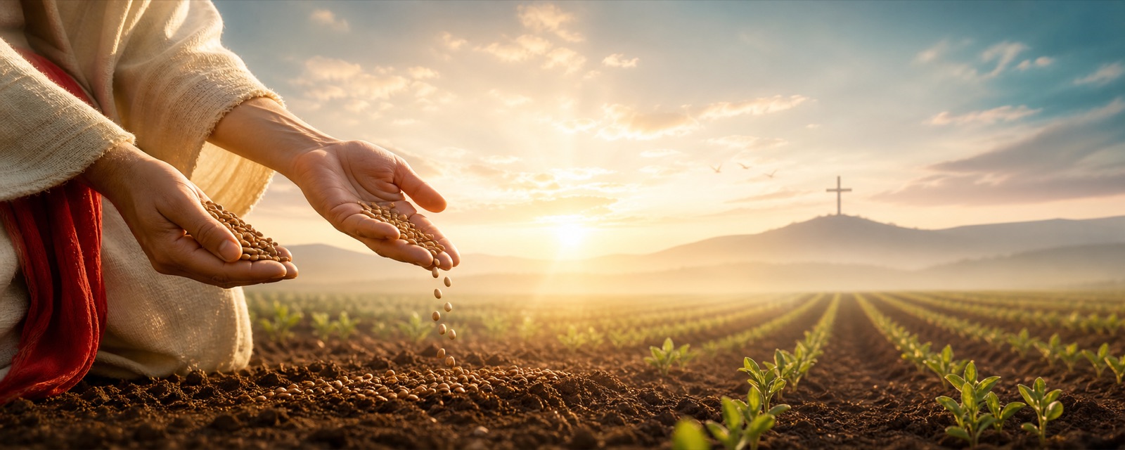 Hands sowing seeds into a sunrise field