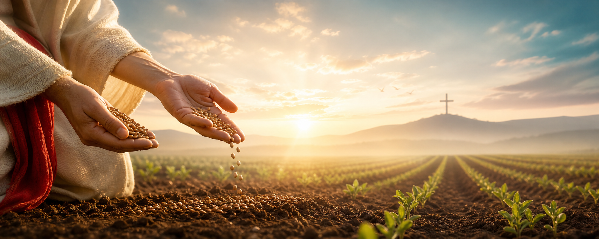 Hands sowing seeds into a sunrise field